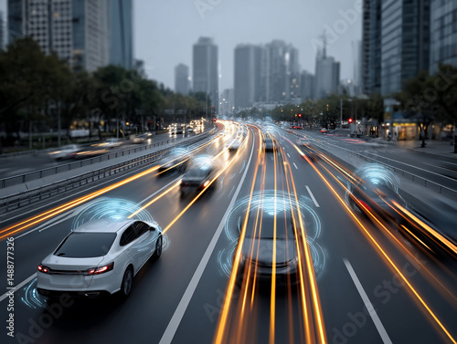 Automated vehicles traversing a futuristic cityscape highway