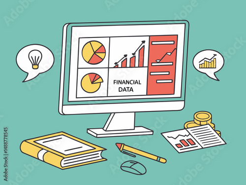 Colorful vector office meeting illustration with businesspeople engaged in collaborative team discussion