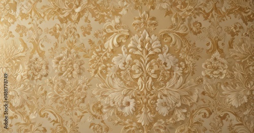 Opulent gold & cream damask fabric, intricate floral detail, interior, tapestry, wallpaper