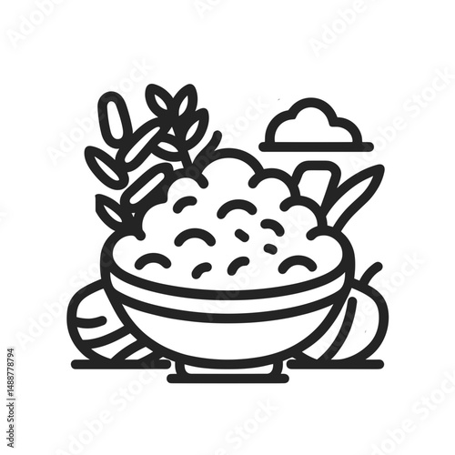 Rice bowl with vegetables, minimalistic style, black and white, blog icon