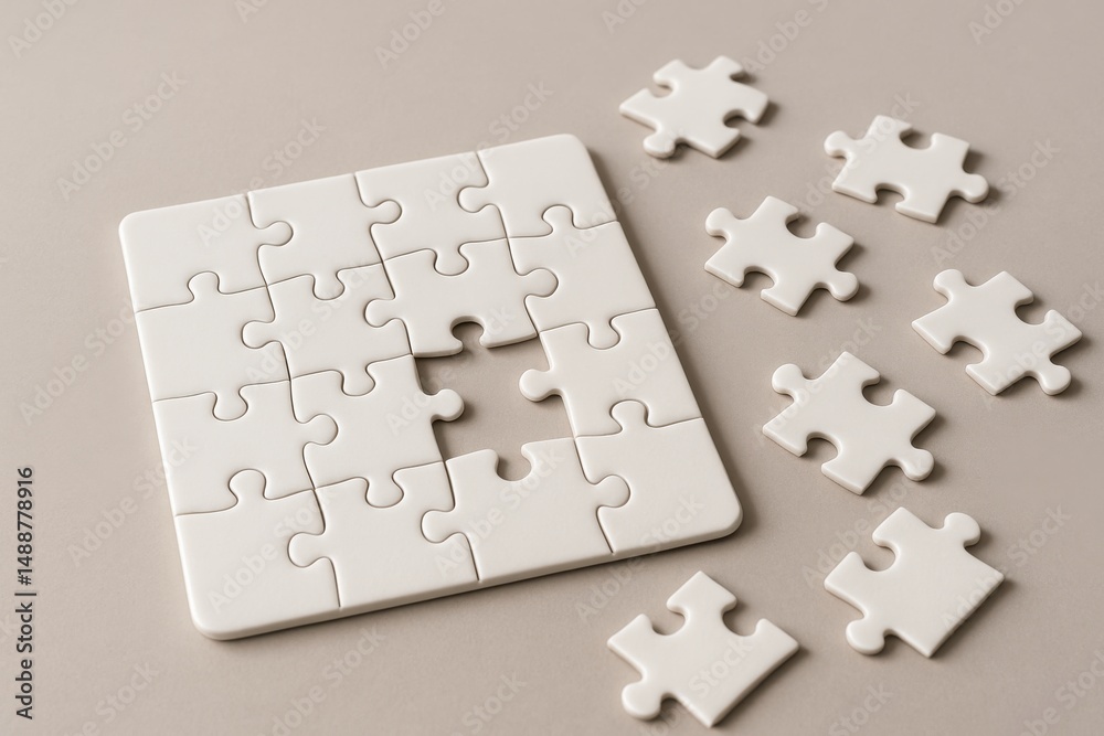 Obraz premium Jigsaw Puzzle and Missing Piece: An incomplete jigsaw puzzle sits on a subtle, light background, highlighting a missing piece, symbolizing the journey of problem-solving and seeking a solution.