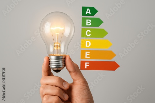 Illuminating Energy Efficiency: A person holds a radiant light bulb beside an energy efficiency rating chart, promoting sustainable practices and innovative solutions.