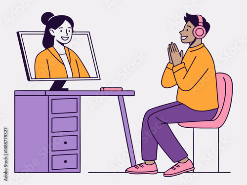 Colorful remote communication scene with young man and woman in video conference chat