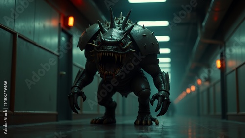 Dark creature standing in subway corridor dramatic lighting