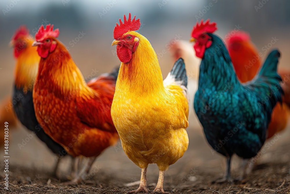 Fototapeta premium A vibrant and colorful group of roosters standing together in a natural environment, showcasing their diverse plumage and proud demeanor in the countryside setting.