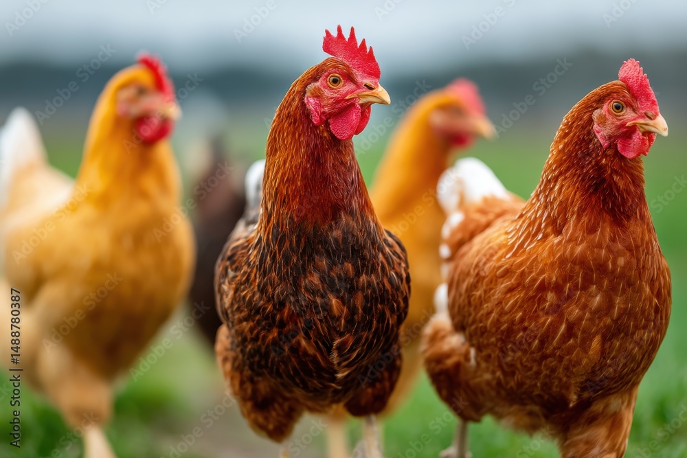 Fototapeta premium A group of free range chickens on a farm, focusing on their vibrant plumage and healthy appearance, roaming freely in a green pasture, organic farm setting.