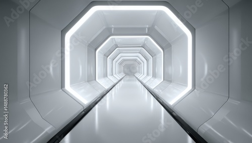Futuristic Tunnel Vision: An immaculate, cutting-edge corridor with a symmetrical, geometric design and a sense of infinite depth, inviting exploration.