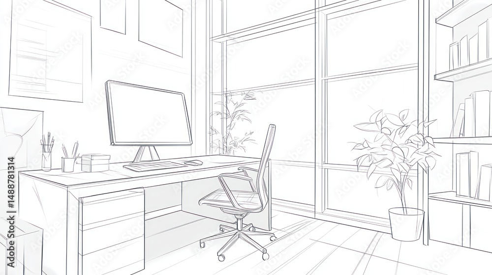 Fototapeta premium Modern office workspace sketch, large window, plants, bookshelves