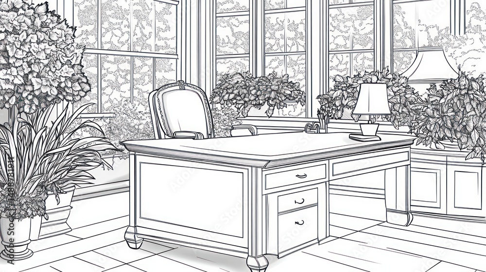 Fototapeta premium Sunlit home office, plants, desk, design