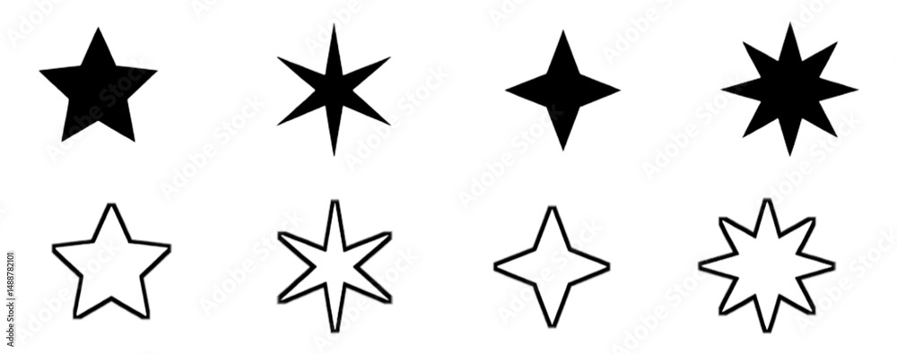 Obraz premium Stars collection. Star vector icons. Black set of Stars, isolated on transparent background. Star icon. Stars in modern simple flat style. Vector illustration