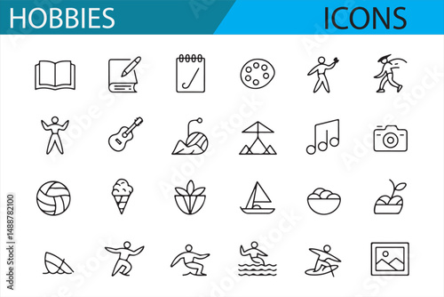 Outdoor Adventure and Creative Hobby Icons in Simple Line Art