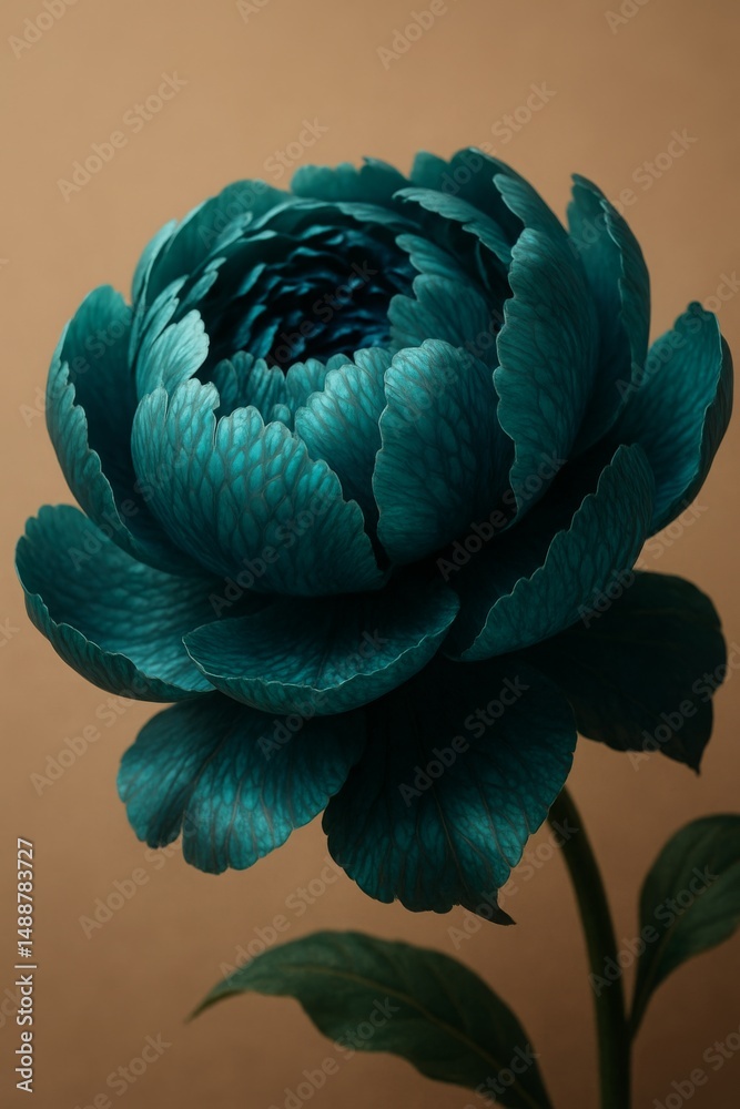 Fototapeta premium Teal flower blooming against a soft beige background 