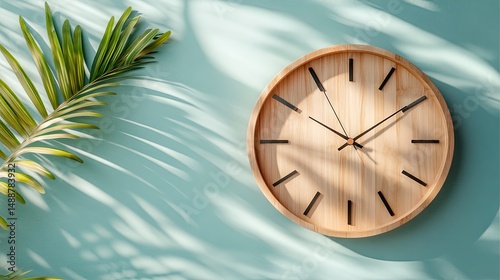 Wallpaper Mural Wooden wall clock in a light teal room with plant shadows. Torontodigital.ca