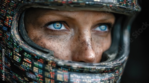 Intense racer in helmet, determined young woman with piercing eyes ready for competition in thrilling motorsport setting.