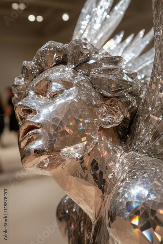 Close-up view of a reflective mosaic angel sculpture.