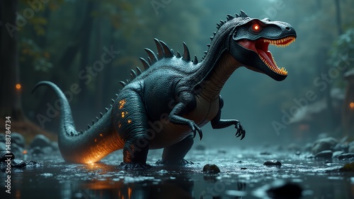 Dramatic dinosaur illustration powerful predator in lush forest setting