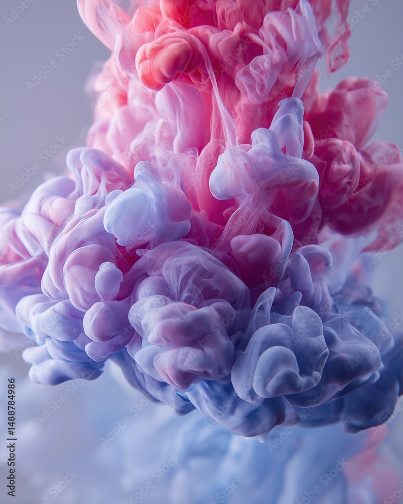 Fototapeta premium Abstract swirling pink and blue ink in water. This mesmerizing shot captures the captivating dance of colors and textures as ink diffuses.