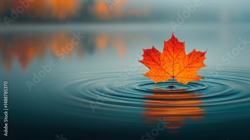 Vibrant autumn leaf resting on tranquil water ripples.