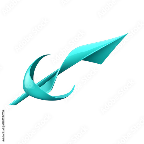 Modern Arrow with Dynamic Curvaceous Form in Turquoise Isolated on Transparent Background