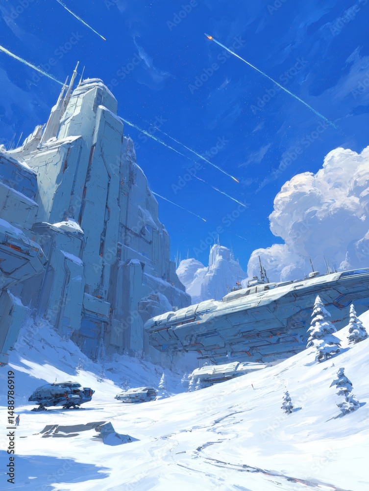 Fototapeta premium A futuristic, snowy landscape with towering structures.
