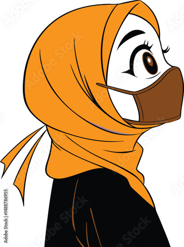 Cartoon woman wearing an orange hijab and a brown face mask looking to the side on a white background
