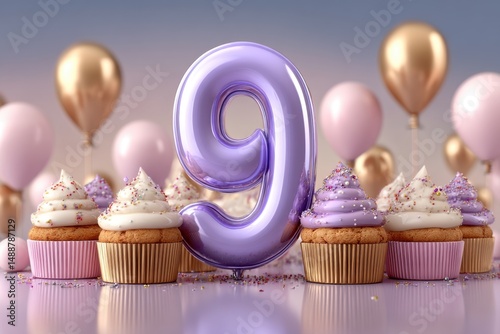 Celebrating a ninth birthday with cupcakes and balloons, a delightful and festive arrangement, perfect for a party or special occasion.