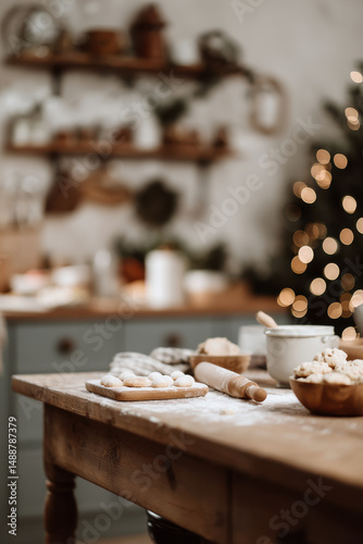 cozy kitchen filled with warm scent of freshly baked christmas treats soft lights twinkling in background blurred