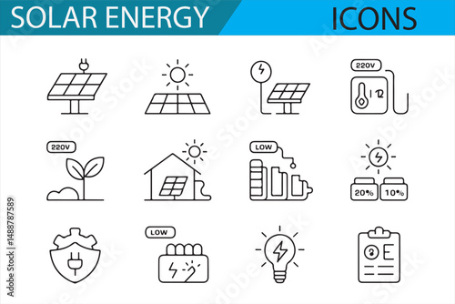 Solar Energy Solutions: Line Art Icons for Environmental Projects