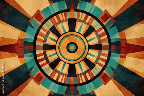 A retro-style abstract design features a circular pattern with radial lines in a warm color palette on textured background.