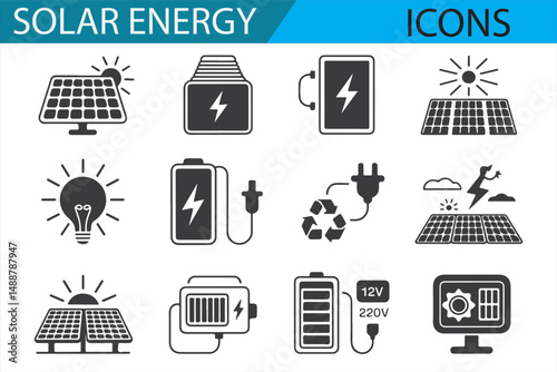 Solar Panel, Battery, and Sun Icons for Renewable Energy Projects