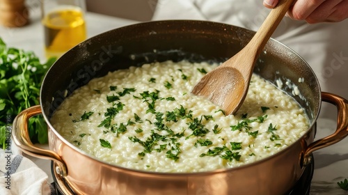 Creamy risotto garnished with fresh herbs is being stirred in a copper pot with a wooden spoon.