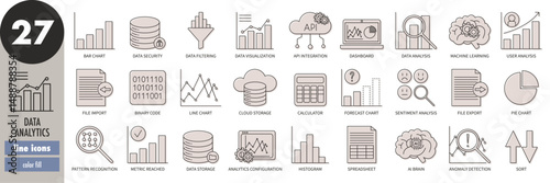 Data analytics - thin line icons set, beige fill. Data visualization, spreadsheet, pie chart, line chart, bar chart, dashboard, AI, machine learning, forecast, filtering, vector illustration