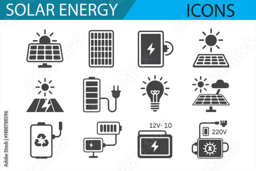 Battery and Solar Panel Icons Illustrating Green Energy Solutions

