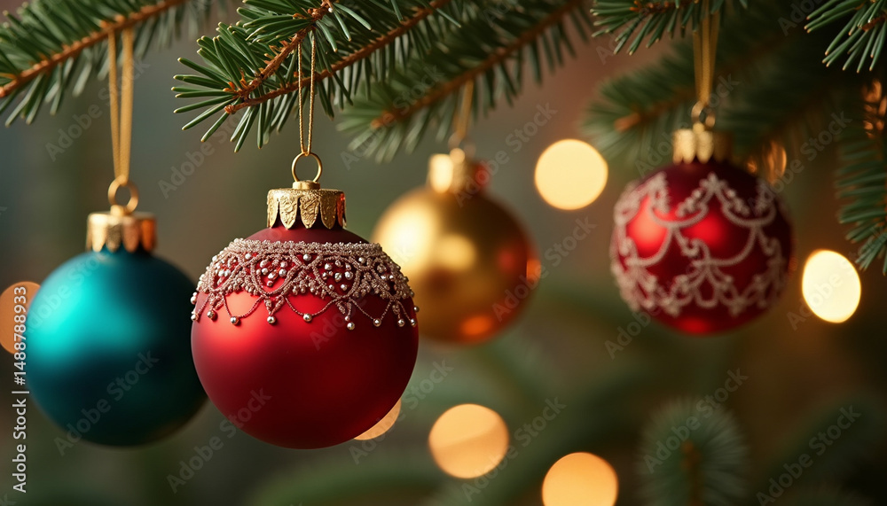 Fototapeta premium Festive Christmas Tree Ornaments with Shiny Red and Gold Baubles