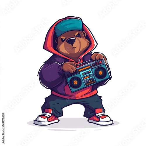 Hip hop beaver with hoodie, turntable and boombox on white background