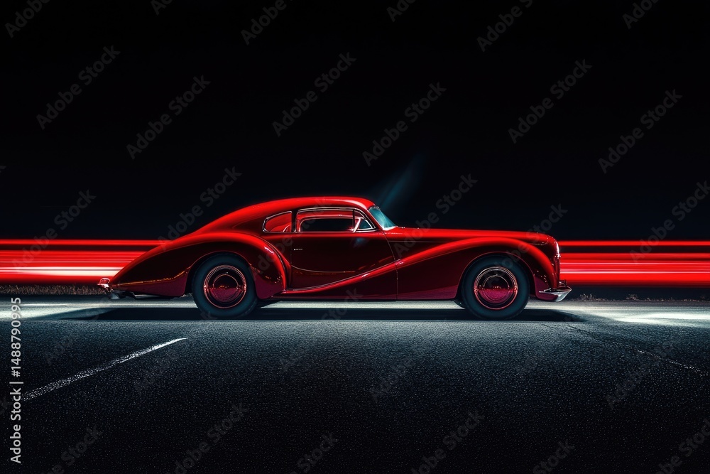 A sleek, red classic car sits on a dark asphalt road, with blurred red light trails in the background. A sleek, red classic car sits on a dark asphalt road, with blurred red light trails in the background.