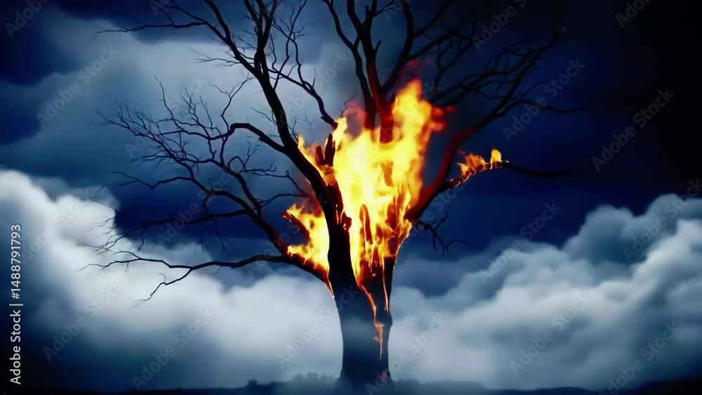 Majestic tree engulfed in flames under a stormy sky at twilight