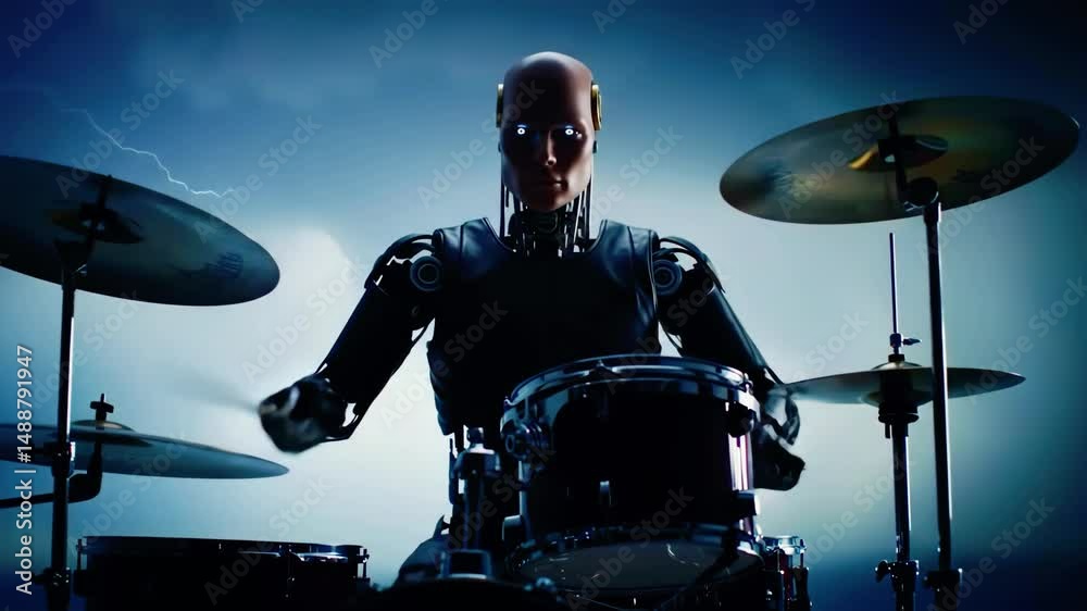 Energetic robotic drummer performs in a stormy atmosphere with striking visuals