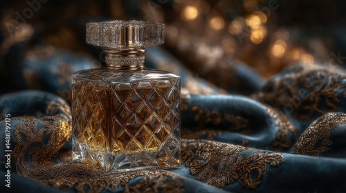Elegant glass of amber whiskey, rich texture with ice cubes, warm ambient lights creating a relaxing, sophisticated mood.