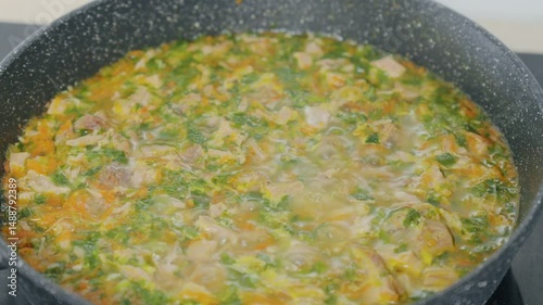 A pot filled with boiling soup contains chunks of meat and vibrant vegetables