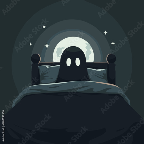 Cartoon ghost sitting in bed under moonlight at night  