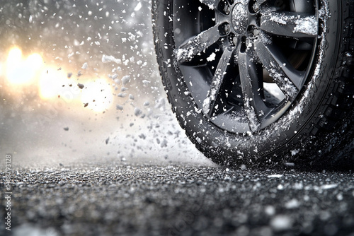 Close-up of a new winter tire, snow and ice flying off when it hits the asphalt, advertising photo