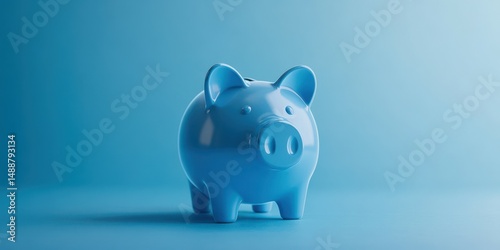 Bright blue piggy bank on a smooth surface with soft light highlighting its curves and texture during a calm morning