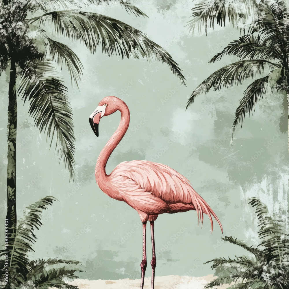 Fototapeta premium Pink Flamingo Standing Among Palm Trees - Tropical Wildlife Illustration