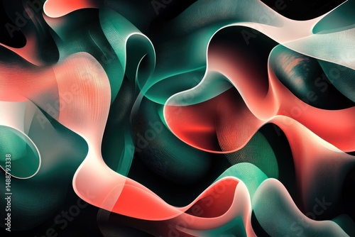 Abstract flowing ribbons interweave with a gradient of teal and coral, creating a dynamic and modern design against a dark backdrop.