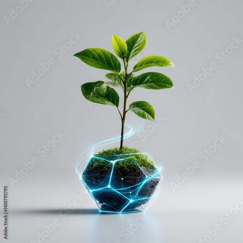 A Green Plant in a Dodecahedron Planter Encapsulated in a Futuristic Glowing Network, Symbolizing Growth and Connectivity