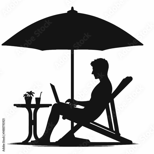 pure black silhouette of a person sitting with laptop on beach chair under umbrella, digital nomad lifestyle, centered on white background
