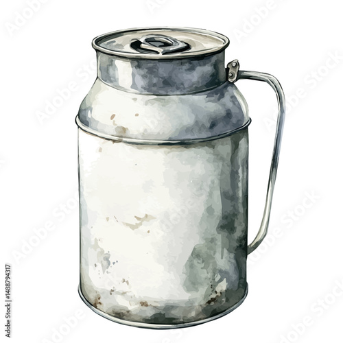 Vintage Milk Can With Metal Handle, watercolor painting vector, high quality, isolated on a white background.
