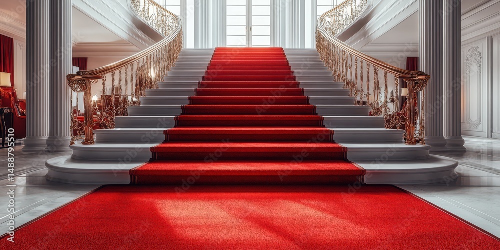 Obraz premium Elegant staircase with red carpet in a grand hall, showcasing luxury and sophistication in a historical building