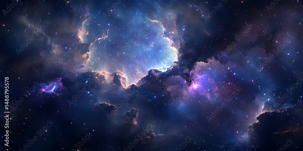 Obraz premium Stunning Cosmic Nebula with Bright Stars and Colorful Gas Clouds